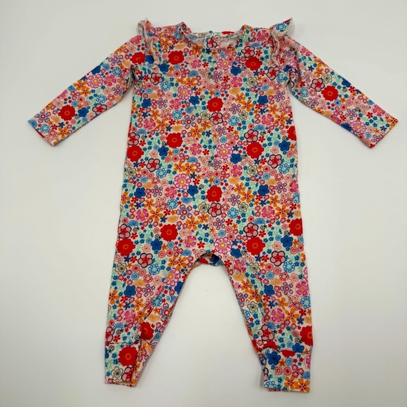 Tea Collection Baby Floral Ruffle Shoulder Romper 9-12 months w/ Cuffs Red Blue - Picture 1 of 8